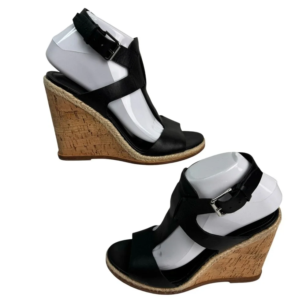Sigerson Morrison Women's Black Leather Cork Wedge‎ Espadrille T Strap Sandals 9
